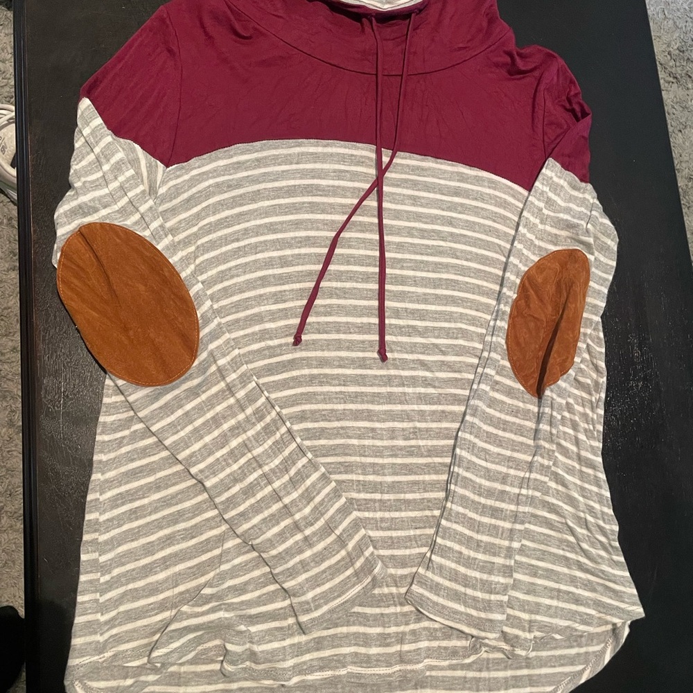 7th Ray Burgundy and Gray Striped Long Sleeve Top